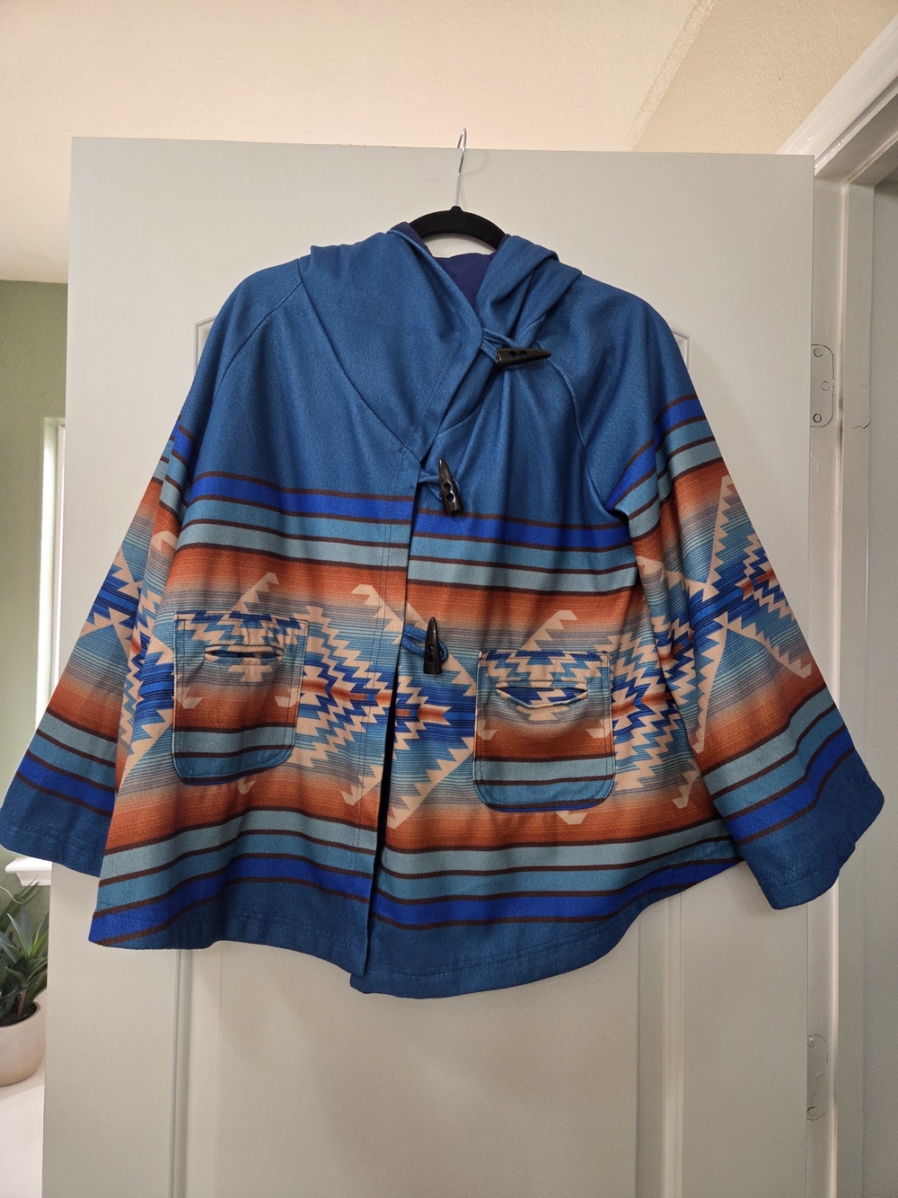 Blue Aztec Hooded Toggle Poncho Jacket